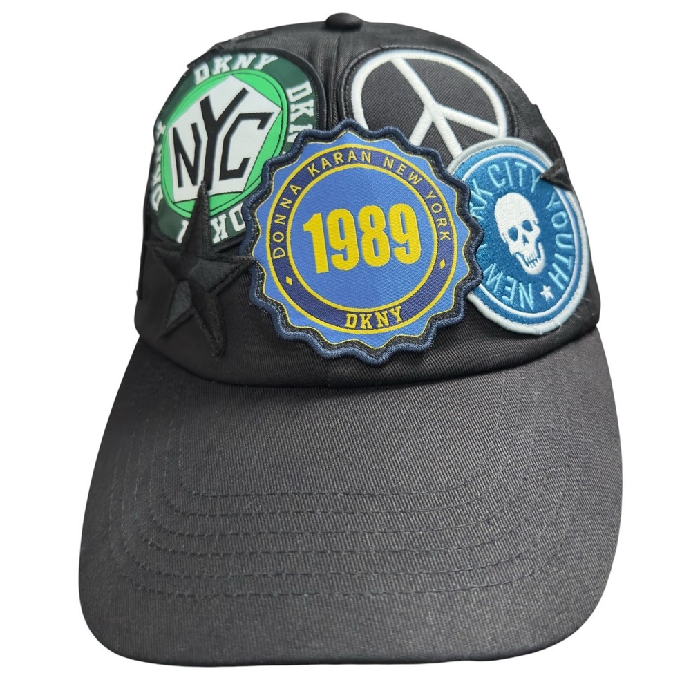 DKNY Donna Karen Patches 1989 Peace Skull Star New York City Strapback Black Hat - Picture 3 of 9